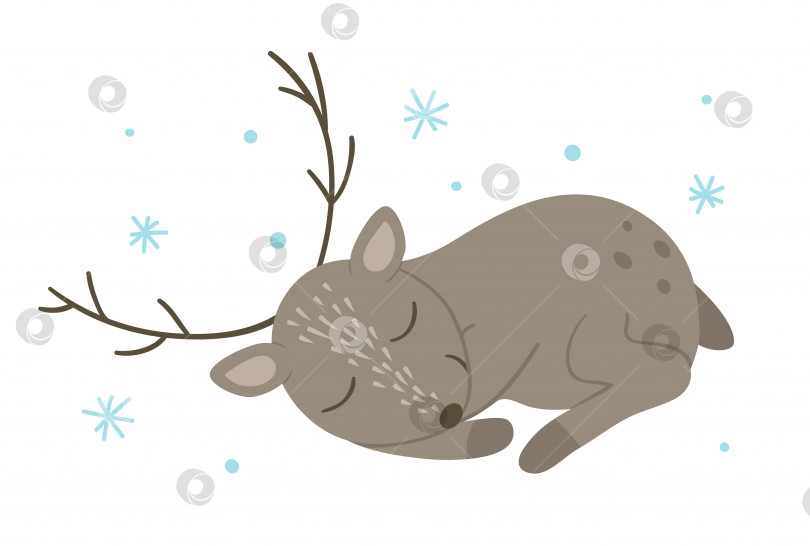 Скачать Векторный рисованный от руки плоский спящий олень со снежинками. Забавная зимняя сцена с лесным животным. Симпатичная лесная анималистическая иллюстрация для детского дизайна, печати, канцелярских принадлежностей фотосток Ozero