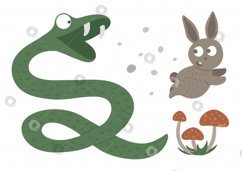 Скачать Векторная рисованная плоская змея, охотящаяся на зайца. Забавное лесное животное. Симпатичная иллюстрация лесного змея для детского дизайна, печати, канцелярских принадлежностей фотосток Ozero
