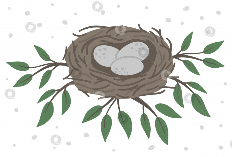 Скачать Векторное нарисованное от руки плоское птичье гнездо с яйцами на ветвях дерева с зелеными листьями. Симпатичная лесная орнитологическая иллюстрация для детского дизайна, печати, канцелярских принадлежностей фотосток Ozero