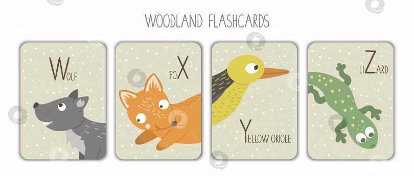 Скачать Красочные буквы алфавита W, X, Y, Z. Звуковая карточка. Милые карточки азбуки на лесную тематику для обучения чтению с забавными волком, лисой, желтой иволгой, ящерицей. фотосток Ozero