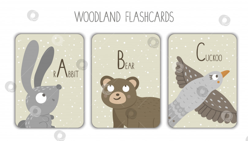 Скачать Красочные буквы алфавита A, B, C. Звуковая карточка. Милые карточки азбуки на лесную тематику для обучения чтению с забавными кроликом, медведем, кукушкой. фотосток Ozero