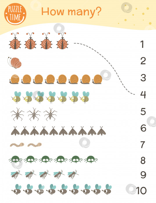Скачать Игра в подсчет с насекомыми. Математическое занятие для детей дошкольного возраста. Сколько объектов на рабочем листе. Развивающая загадка с милыми забавными персонажами. фотосток Ozero