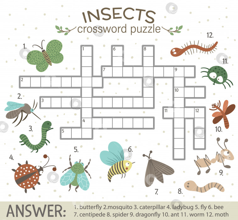Скачать Векторный кроссворд с лесными насекомыми. Яркая и красочная викторина для детей. Развивающее занятие с муравьем, гусеницей, бабочкой, стрекозой, теплом, пчелой. фотосток Ozero