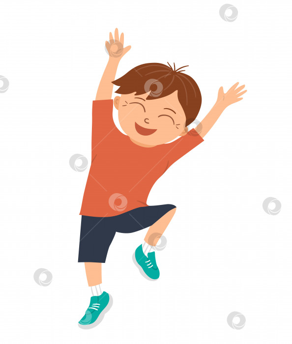 Скачать Векторный улыбающийся мальчик, прыгающий от радости и счастья с поднятыми руками. Радостный, восхищенный, счастливый детский персонаж. Веселая детская картинка для детского дизайна. Плоская забавная иллюстрация хорошего настроения фотосток Ozero