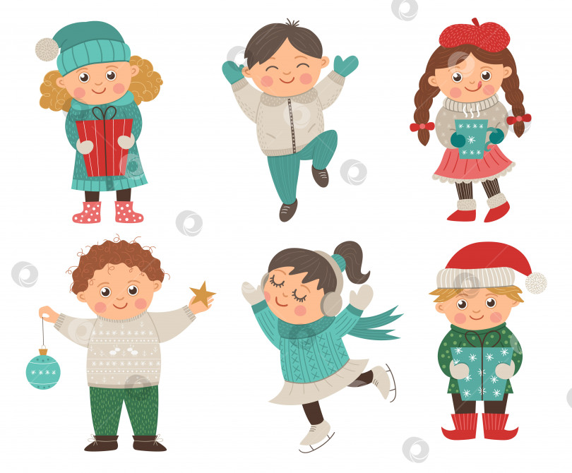 Скачать Векторный набор счастливых детей в разных позах для рождественского дизайна. Милая зимняя детская иллюстрация с подарками, украшениями, горячим напитком. Забавный мальчик прыгает от радости. Девушка, катающаяся на коньках в наушниках. фотосток Ozero