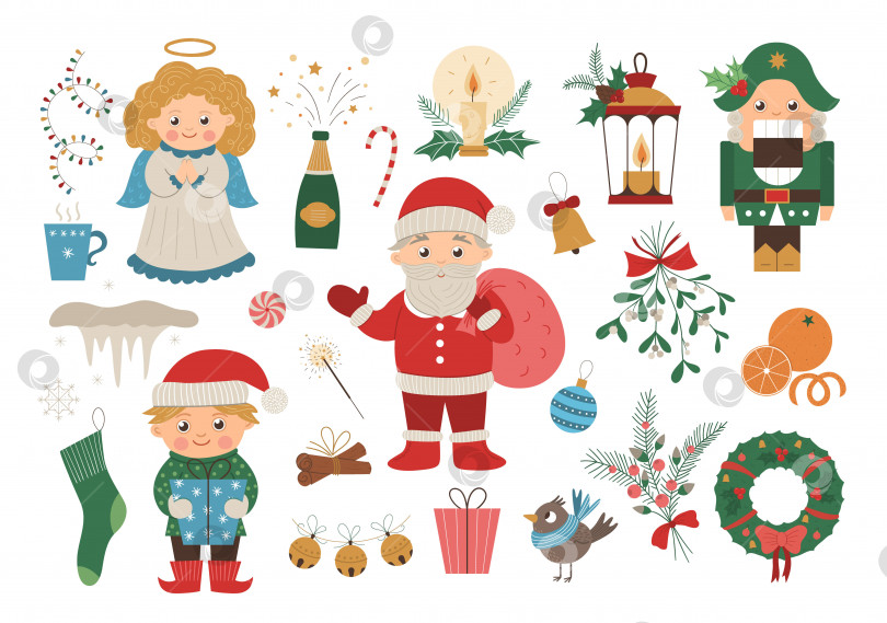 Скачать Векторный набор рождественских элементов с Санта-Клаусом в красной шляпе с мешком, ангелом, щелкунчиком, эльфом, изолированными на белом фоне. Симпатичная забавная иллюстрация в плоском стиле для украшения или новогоднего дизайна. фотосток Ozero
