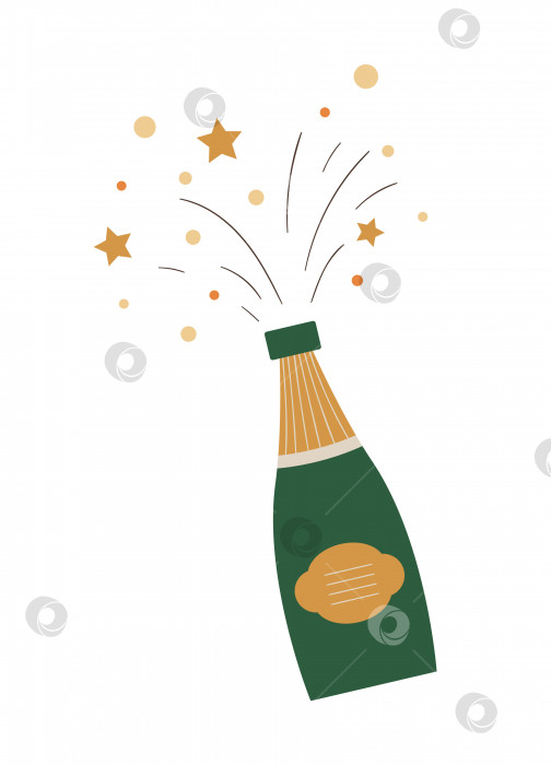 Скачать Векторное открытое шампанское с всплесками и брызгами, выделенными на белом фоне. Милая забавная иллюстрация символа нового года. Рождественская плоская картинка в стиле традиционного газированного напитка для украшения или дизайна. фотосток Ozero