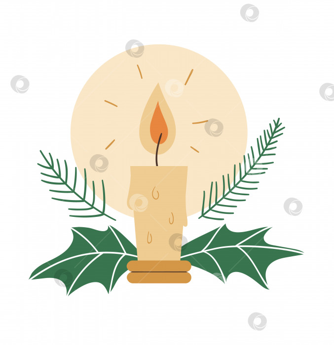 Скачать Векторная свеча с хвойными веточками и остролистом, изолированными на белом фоне. Милая забавная иллюстрация символа нового года. Рождественская плоская картинка в стиле для украшения или дизайна. фотосток Ozero