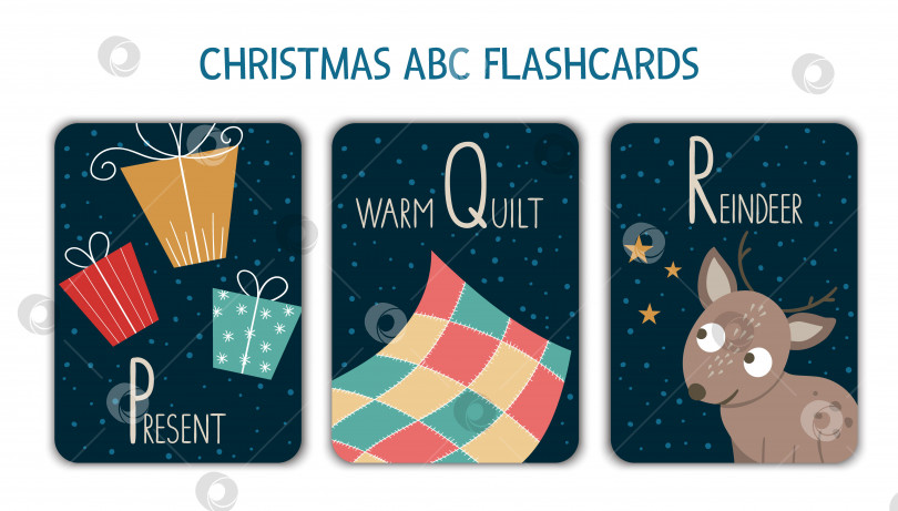 Скачать Красочные буквы алфавита P, Q, R. Звуковая карточка. Милые рождественские тематические азбучные открытки для обучения чтению с забавными подарками, теплым одеялом, оленями. Новогоднее праздничное мероприятие. фотосток Ozero