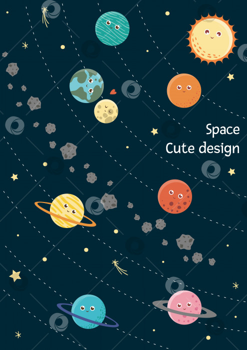 Скачать Векторная карточка солнечной системы для детей. Яркая и симпатичная плоская иллюстрация улыбающейся земли, солнца, Луны, Венеры, Марса, Юпитера, Меркурия, Сатурна, Нептуна на темно-синем фоне. фотосток Ozero