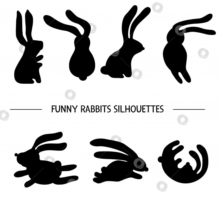 Скачать Векторный набор силуэтов кроликов. Черно-белая иллюстрация зайцев в разных позах. Забавные трафареты с милыми животными. фотосток Ozero