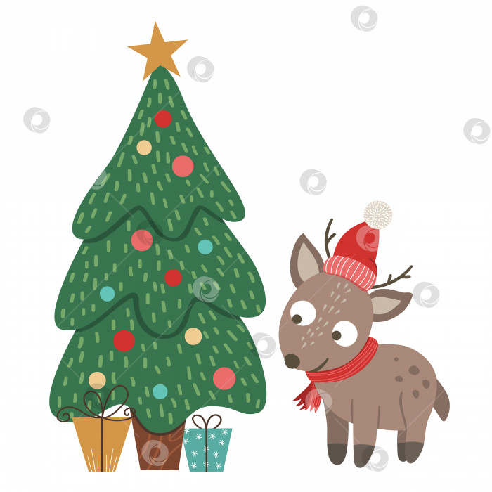 Скачать Векторный милый маленький олень в красной шляпе и шарфе с елкой и подарками, изолированными на белом фоне. Симпатичная иллюстрация зимнего животного. Забавный рождественский персонаж фотосток Ozero