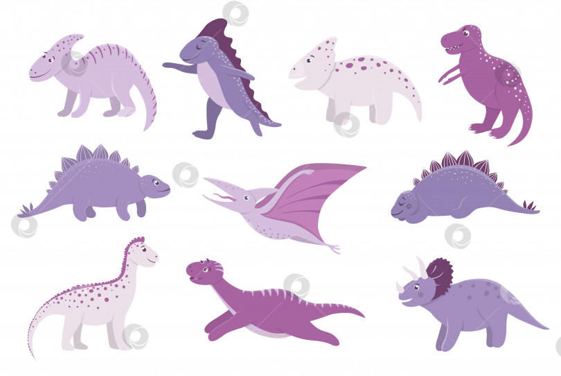 Скачать Векторный набор милых розовых и фиолетовых динозавров для детей. Динозавры - плоские мультяшные персонажи. Симпатичная иллюстрация доисторических рептилий. фотосток Ozero
