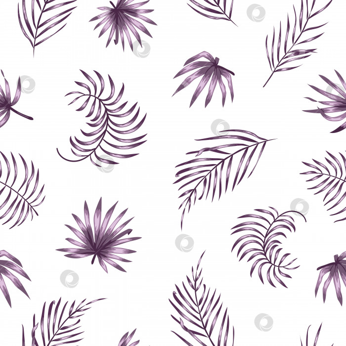 Скачать Векторный бесшовный узор с фиолетовыми листьями пальмы на белом фоне. Летние тропики повторяют экзотический фон. Украшение из джунглей. фотосток Ozero