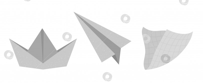 Скачать Векторная плоская иллюстрация бумажного корабля, самолета и салфетки. Модный текстурированный рисунок оригами, выделенный на белом фоне. фотосток Ozero