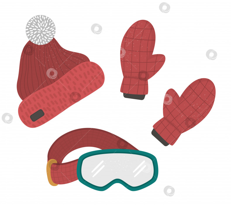 Скачать Векторный комплект одежды для занятий зимними видами спорта. Коллекция предметов одежды для холодной погоды. Плоская иллюстрация теплой шапки, перчаток, очков для катания на сноуборде, лыжах, коньках. фотосток Ozero