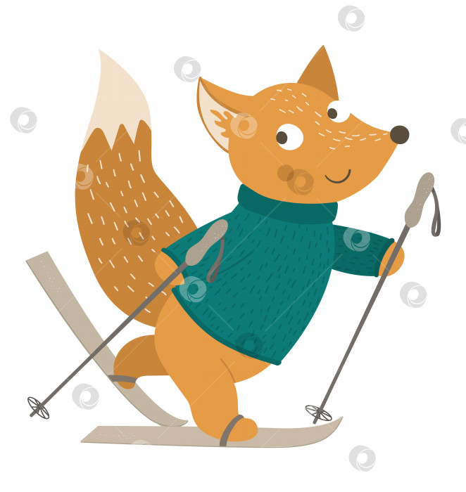 Скачать Векторная иллюстрация лисы в одежде, катающейся на лыжах. Симпатичное лесное животное, занимающееся зимними видами спорта. Забавный лесной персонаж с лыжами. фотосток Ozero