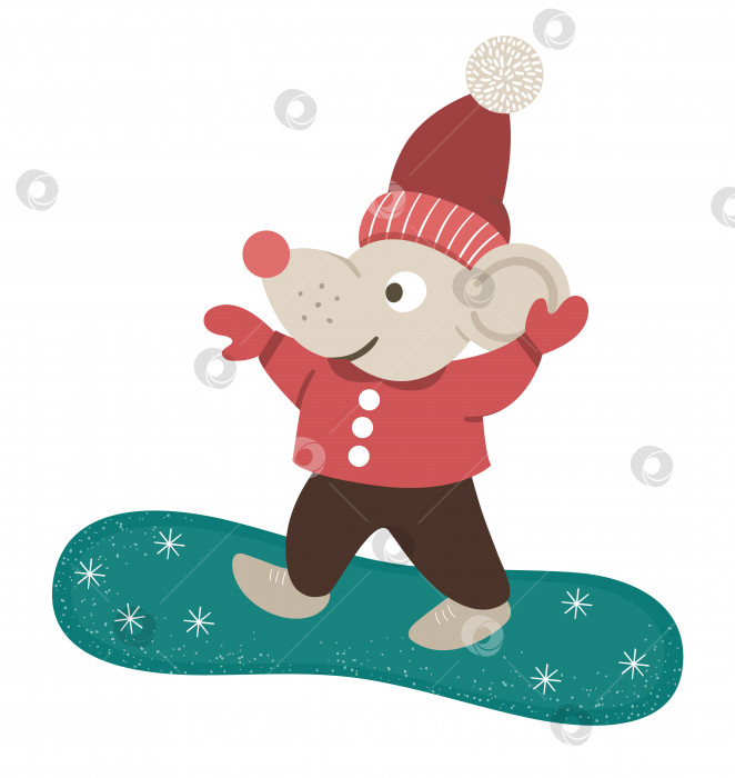 Скачать Векторная иллюстрация мыши в одежде, катающейся на сноуборде. Симпатичное лесное животное, занимающееся зимними видами спорта. Забавный лесной персонаж со сноубордом. фотосток Ozero