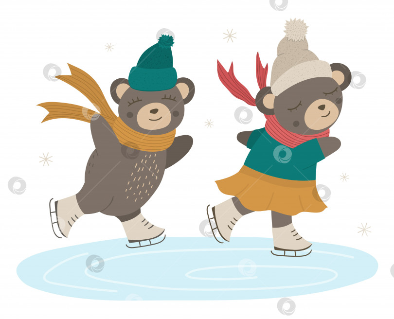 Скачать Векторная иллюстрация медведей в одежде, катающихся на коньках по катку. Милые лесные животные, занимающиеся зимними видами спорта. Забавные лесные персонажи на коньках. фотосток Ozero