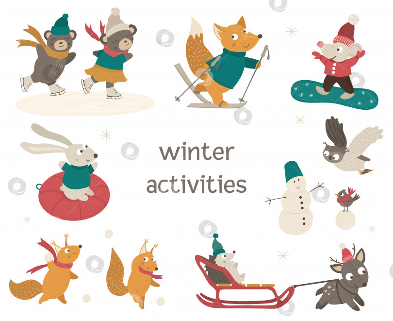 Скачать Векторный набор милых лесных животных, занимающихся зимними видами спорта. Забавные лесные персонажи с лыжами, коньками, санями, сноубордом, снеговиком. фотосток Ozero