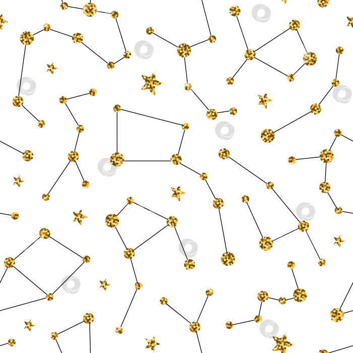 Скачать Волшебный бесшовный узор с золотыми сверкающими созвездиями. Звездный фон и зодиакальные созвездия на белом фоне. фотосток Ozero