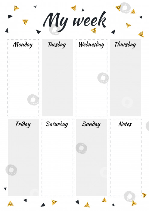 Скачать Креативный планировщик "Моя неделя" с черным и золотым блестящим треугольником в скандинавском стиле. Стильный модный органайзер и расписание. Геометрический шаблон планировщика для печати, свадьбы, школы. Векторная иллюстрация. фотосток Ozero