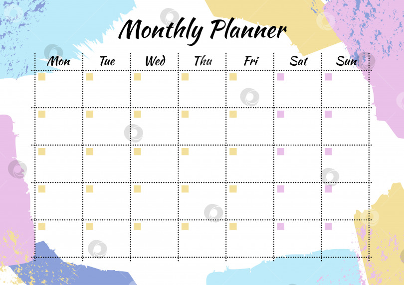 Скачать Креативный ежемесячный планировщик с пастельным мазком кисти на заднем плане. Стильный органайзер и расписание. Шаблон планировщика для печати, офиса, школы. Векторная иллюстрация. фотосток Ozero
