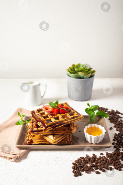 Скачать Бельгийские вафли со свежими ягодами и мятой на белом фоне фотосток Ozero