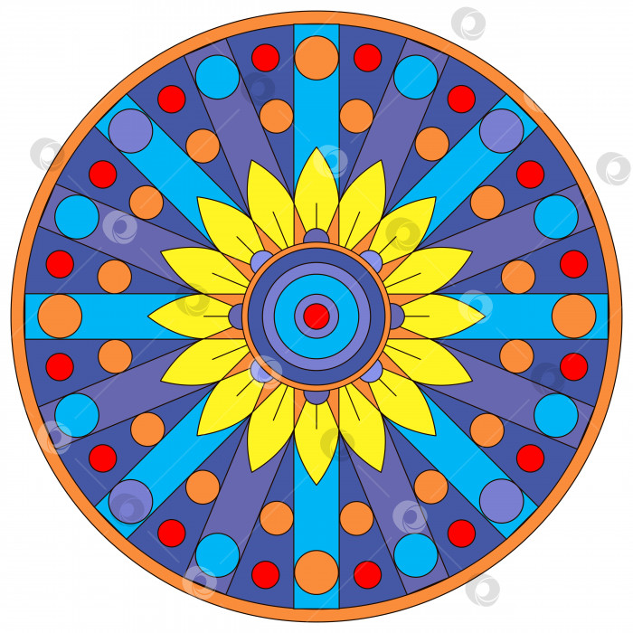 Скачать Круглый витраж с декоративным желтым цветком в центре и цветными геометрическими фигурами на синем фоне. Вектор. Плоская иллюстрация фотосток Ozero