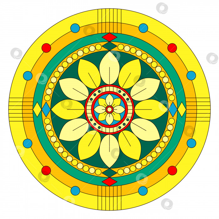 Скачать Круглый витраж с декоративным желтым цветком в центре и цветными геометрическими фигурами. Вектор, иллюстрация фотосток Ozero