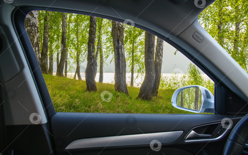 Скачать Вид из машины на лес на берегу озера фотосток Ozero