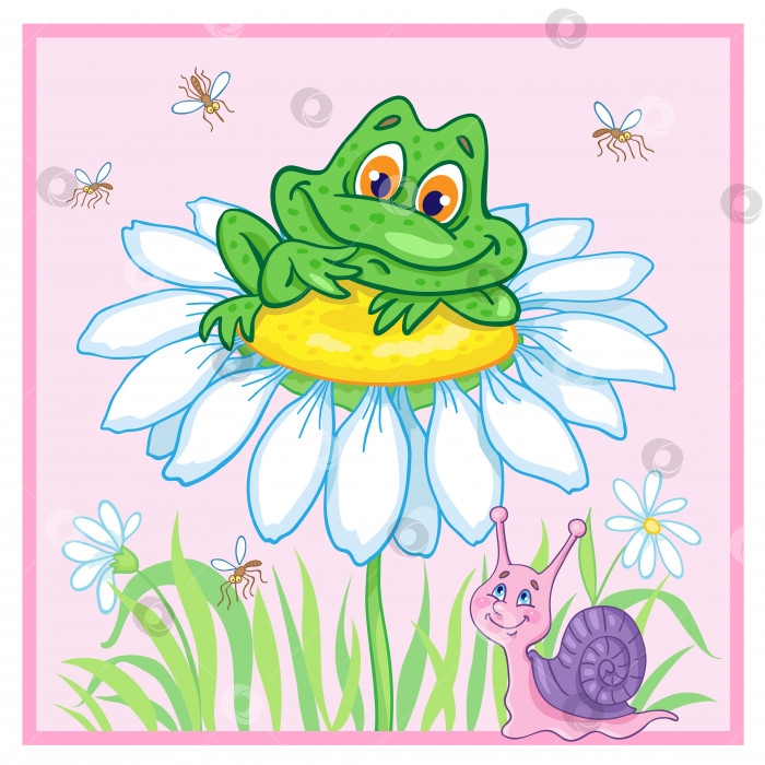 Скачать Забавная открытка с милой маленькой лягушкой, сидящей на большой ромашке, и розовой улиткой. фотосток Ozero