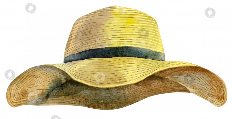 Скачать Акварельная женская желтая летняя шляпка с черной лентой фотосток Ozero