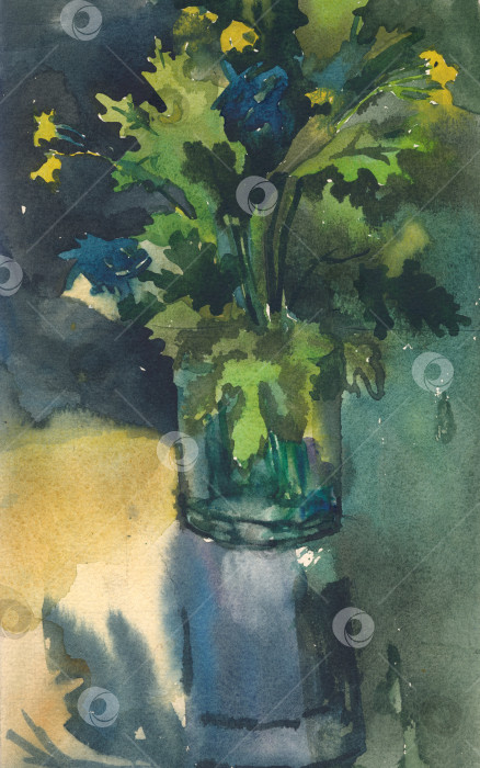 Скачать Акварельный сельский натюрморт. Полевые цветы и травы в стеклянной банке. фотосток Ozero