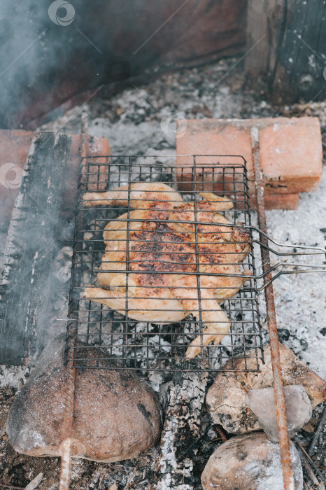 Скачать блюдо из куриного мяса, обжаренное на гриле на тлеющих углях или тлеющих угольках от костра на земле летним или осенним днем. барбекю в походных условиях. выживание в сельской местности и дикая деревенская жизнь фотосток Ozero