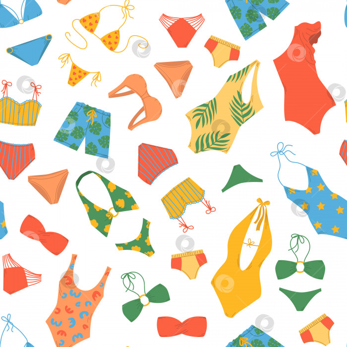 Скачать Бесшовный узор из красочных летних купальников, нарисованных от руки, в плоском векторном стиле. Дизайн принтов для детской одежды, текстиля, обоев, упаковки фотосток Ozero