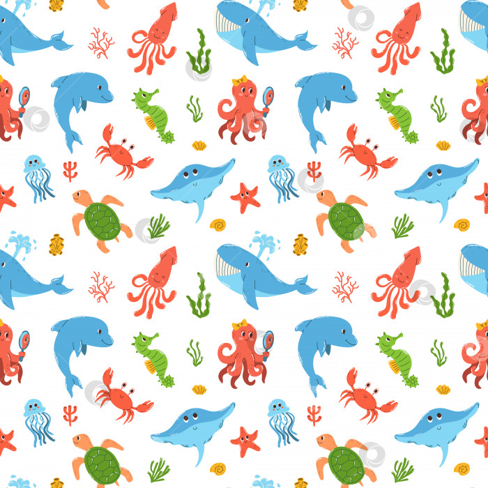 Скачать Бесшовный узор из красочных нарисованных от руки морских животных и водорослей, подводный мир кораллов в плоском векторном стиле. Дизайн принтов для детской одежды, текстиля, обоев, упаковки фотосток Ozero
