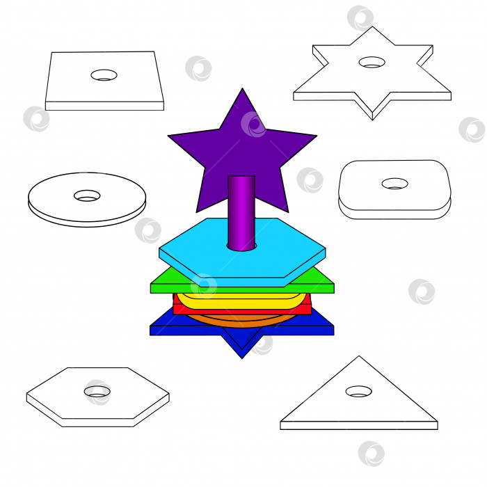 Скачать Векторная иллюстрация. Обучающая книжка-раскраска с геометрическими деталями разноцветной пирамиды для детей дошкольного возраста. Изучение цвета и определение формы фрагмента. фотосток Ozero