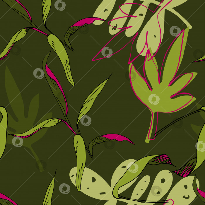 Скачать Векторный бесшовный рисунок с тропическими листьями, нарисованными вручную кордилиновыми листьями, стилем каракулей, быстрым наброском. Дизайн для текстиля, ткани, фонового фона. фотосток Ozero