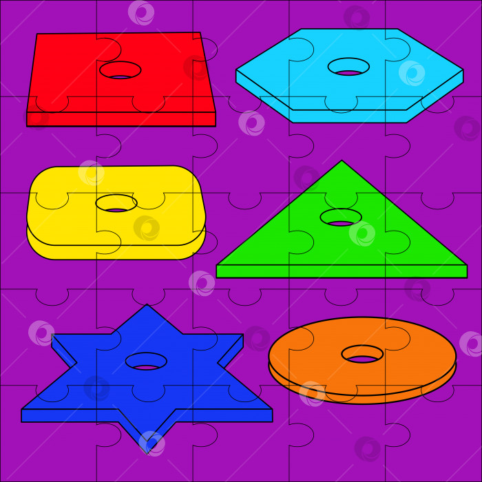 Скачать Развивающие ребусы для детей дошкольного возраста с геометрическими разноцветными объемными фигурами в искажении перспективы, деталями пирамиды: треугольник, квадрат, шестиугольник, кольцо, звезда. фотосток Ozero