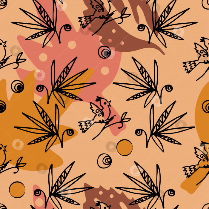 Скачать Векторный бесшовный рисунок с тропическими листьями в теплых осенних тонах, рисунок от руки, контурный цветочный фон в стиле каракулей. фотосток Ozero