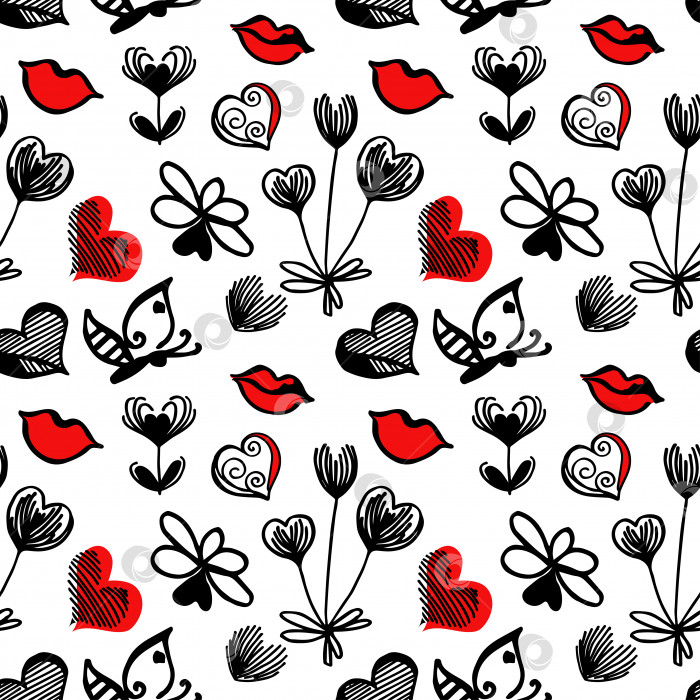Скачать Бесшовный узор красно-черно-белый рисунок от руки с набором элементов, символизирующих любовь, весну, свадьбу. Бабочка порхает над цветком, сердца разной формы в стиле контура каракулей, вектор фотосток Ozero