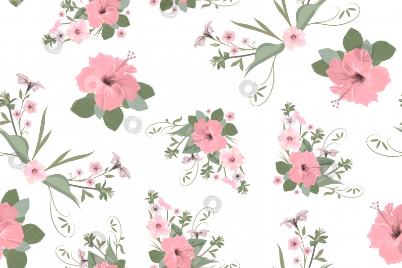 Скачать Векторный бесшовный цветочный узор с розовыми цветами гибискуса, белый фон, женский текстильный узор в пастельных тонах, для оформления ткани. фотосток Ozero