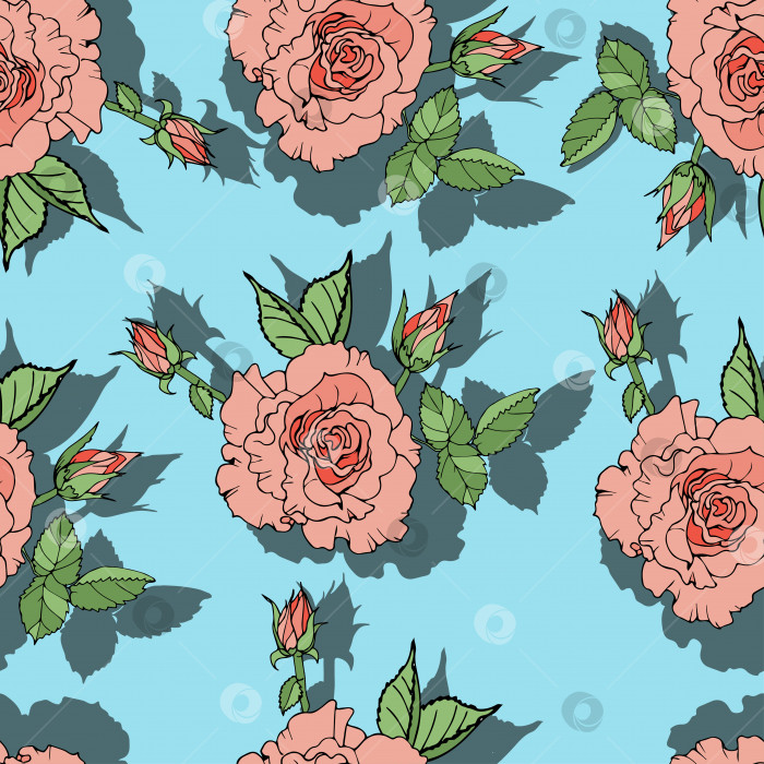Скачать Бесшовный цветочный принт. Розовая роза с бутоном и листьями на контрастном фоне. Контур, нарисованный от руки для текстильного оформления обоев, бумаги, шарфов фотосток Ozero