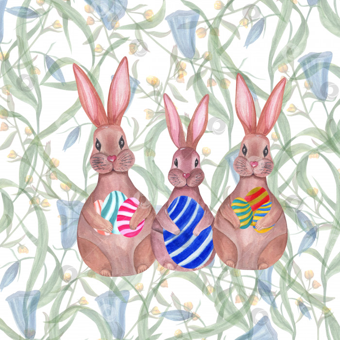 Скачать Набор акварельных пасхальных зайцев, яиц и листьев, выделенных на белом фоне. Рисованная иллюстрация для обоев, печати, скрапбукинга, дизайна баннеров, открыток, шаблона фотосток Ozero