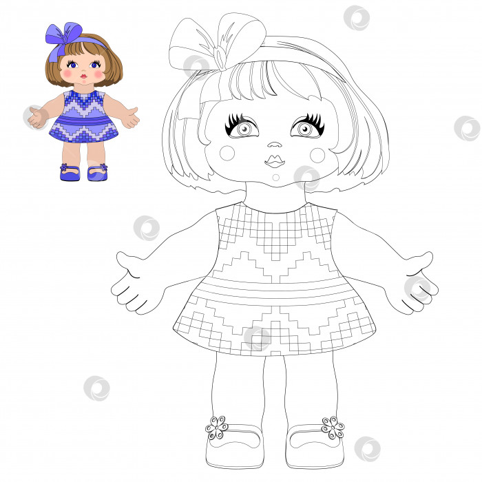 Скачать Векторный рисунок маленькой милой куклы -девочки в летнем платье-раскраске для детей дошкольного и младшего школьного возраста, с раскраской образца цвета. фотосток Ozero