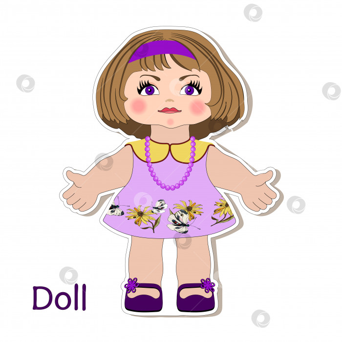 Скачать Векторная наклейка мультфильм маленькая милая кукла девочка в летнем платье с бабочками для детей дошкольного и младшего школьного возраста, поздравительная открытка, печать, украшение, открытка фотосток Ozero