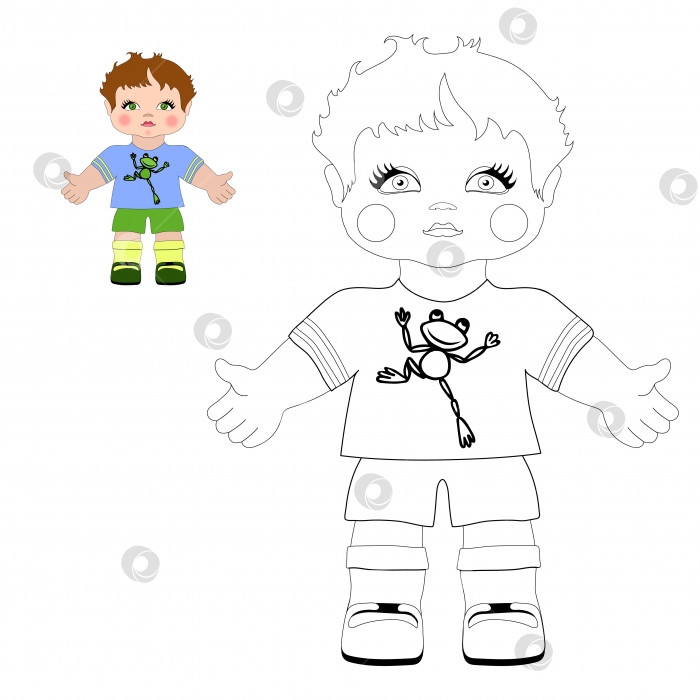 Скачать Векторный мультфильм маленькая милая кукла мальчик раскраска для детей дошкольного и младшего школьного возраста. фотосток Ozero