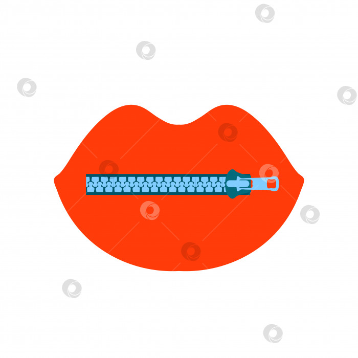 Скачать Векторный синий значок молнии замка поверх силуэта красных женских губ. Концепция женской тайны, молчания. фотосток Ozero