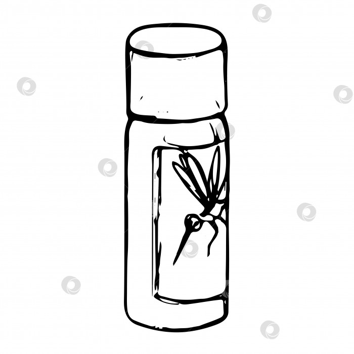 Скачать Векторный эскиз бутылки для защиты от комаров и клещей, черно-белый репеллент, выделенный на белом фоне. Чернила, тушь фотосток Ozero